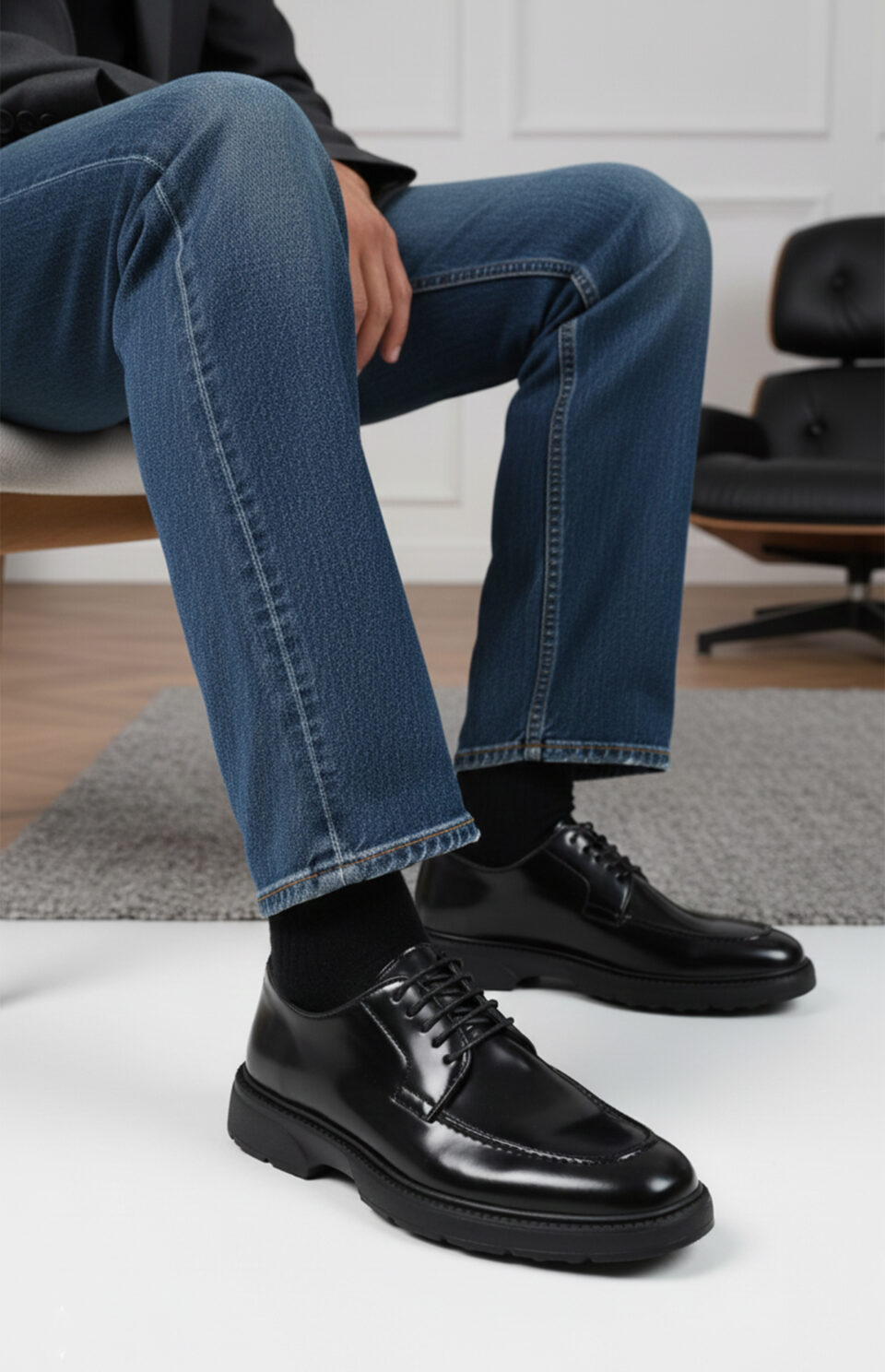 Chaussure Heritage NChaussure Heritage Noir Brillant portée avec jean - Style casual et moderne pour homme - Mocassin élégant noir brillantoir Brillant portee avec jean - style casual et moderne