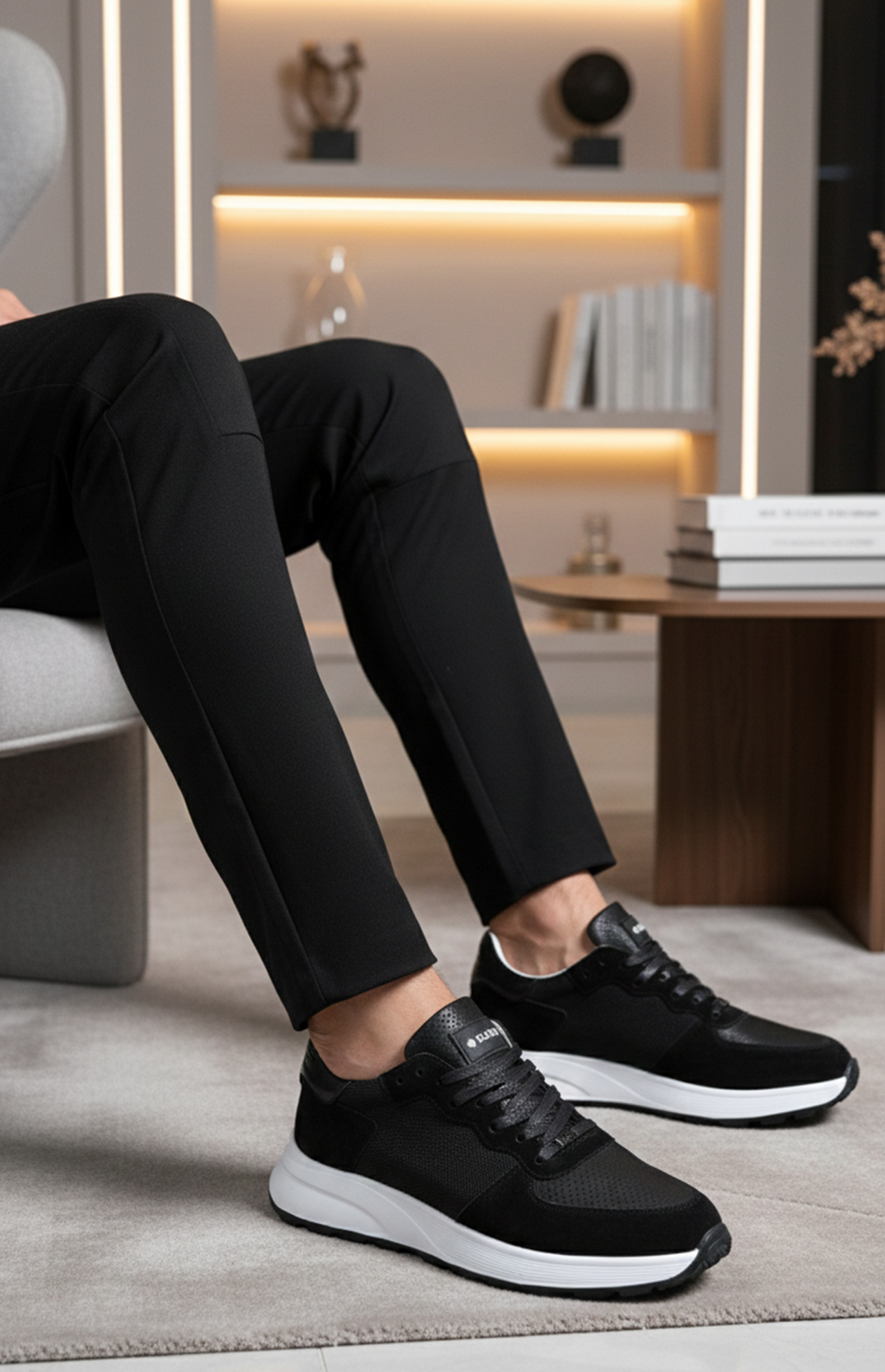 Sneaker ALTO noir homme en mélange daim mesh et cuir perforé