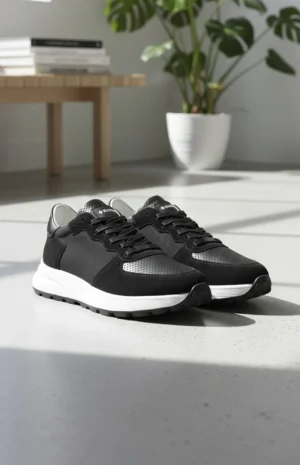 Sneaker ALTO noir homme en mélange daim mesh et cuir perforé