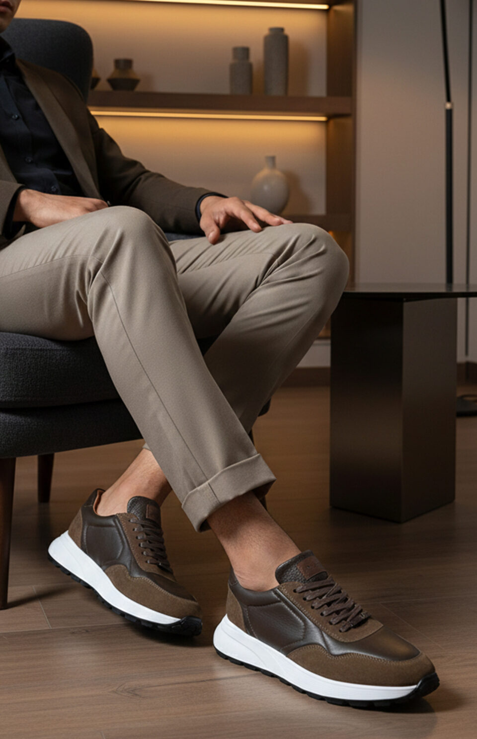 Sneaker AERO beige pour homme en cuir et daim avec semelle blanche