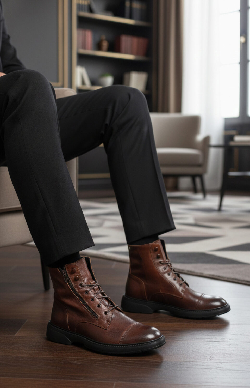 Chaussures Nomad mChaussures Nomad marron portées avec costume noir - Style business élégant - Bottes premium confortables pour homme professionnelarron portees avec costume noir - style business elegant