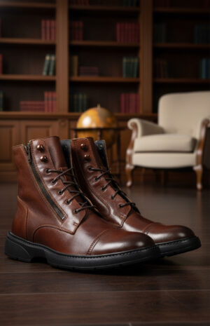 Chaussures Nomad mChaussures Nomad marron en ambiance luxe - Bottes premium pour homme dans salon élégant - Style italien robuste et raffinéarron en ambiance luxe - bottes premium pour homme elegant