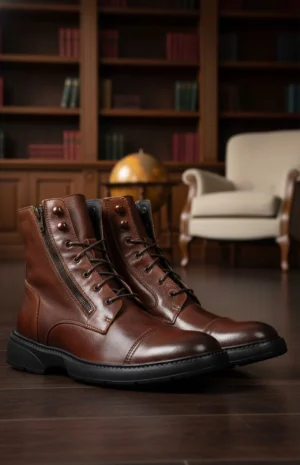 Chaussures Nomad mChaussures Nomad marron en ambiance luxe - Bottes premium pour homme dans salon élégant - Style italien robuste et raffinéarron en ambiance luxe - bottes premium pour homme elegant