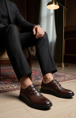 Chaussures homme en cuir véritable, confortables et légères. Design élégant, semelle flexible et disponible en marron ou noir. Parfaites pour le travail et le quotidien.