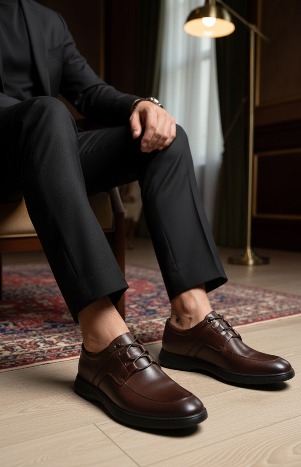 Chaussures homme en cuir véritable, confortables et légères. Design élégant, semelle flexible et disponible en marron ou noir. Parfaites pour le travail et le quotidien.
