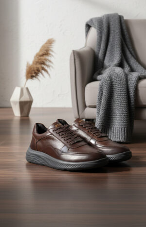 Sneakers homme cuirSneakers AXIS marron en ambiance cosy - Baskets cuir premium design italien - Style élégant avec déco fauteuil et plaid modèle AXIS. semelle épaisse sport chic