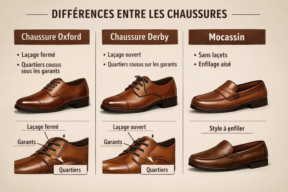 les différences entre une chaussure Oxford, Derby et un Mocassin