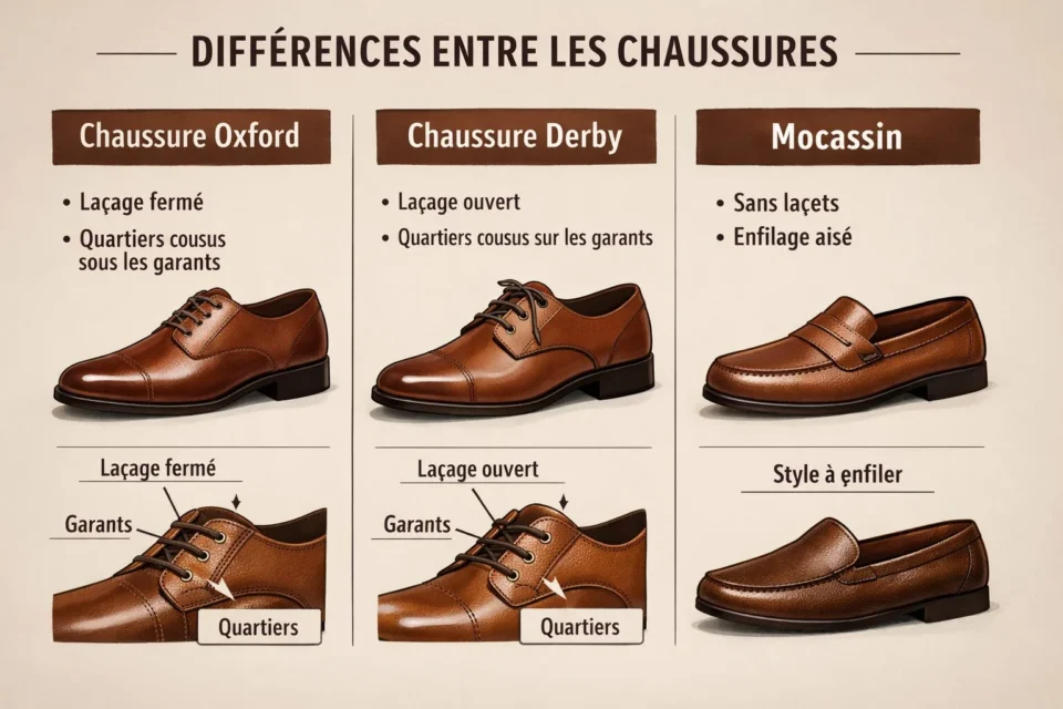 les différences entre une chaussure Oxford, Derby et un Mocassin